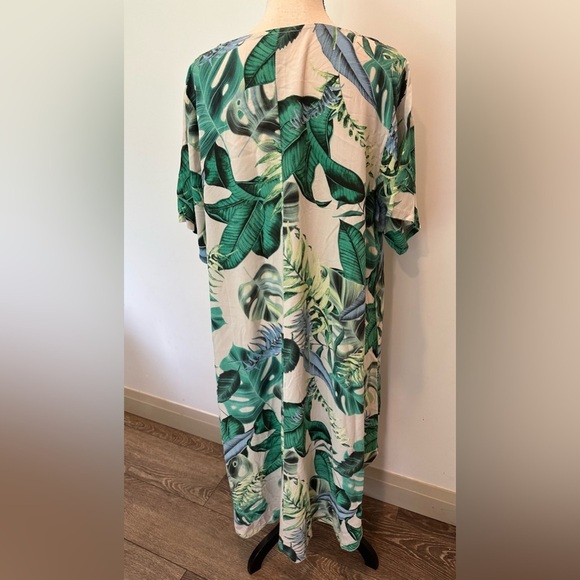 Beyond Capri Jungle Leaf Green and Cream Print Maxi Dress Linen Cotton Blend XXL - Picture 3 of 9
